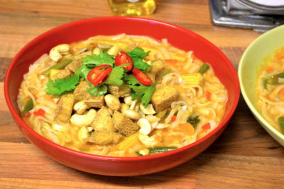 Vegan spicy tofu noodle soup