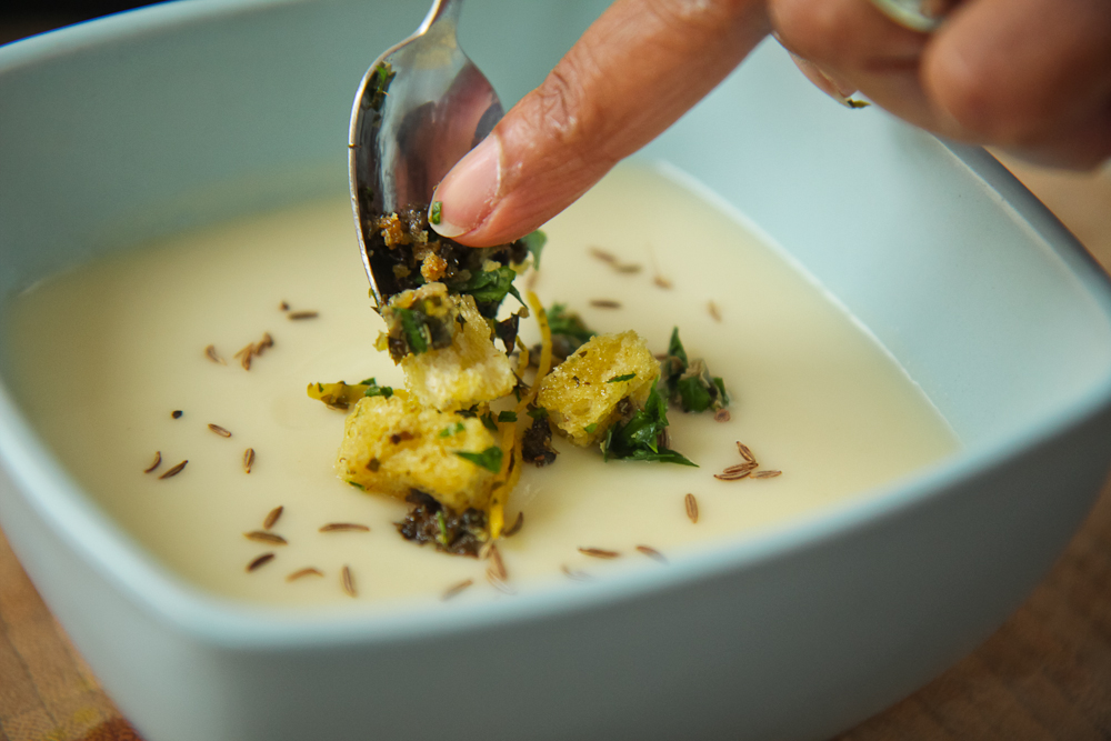 Roasted Celeriac & Caraway Soup with Herb & Caper Croutons | Recipes