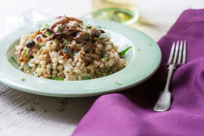 Figs and Fennel mushroom barley risotto in a bowl