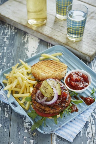 Traditional-style Vegan Burger with Sweet Tomato Relish