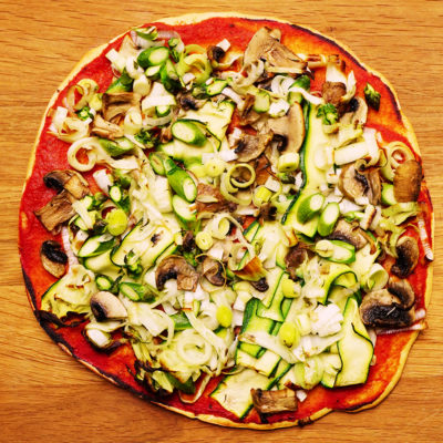 Vegan and gluten-free pizza and springtime veg
