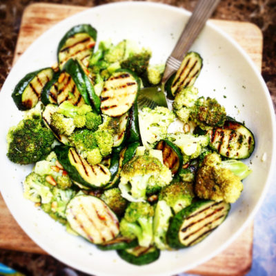 Vegan courgette and broccolie with pine nuts