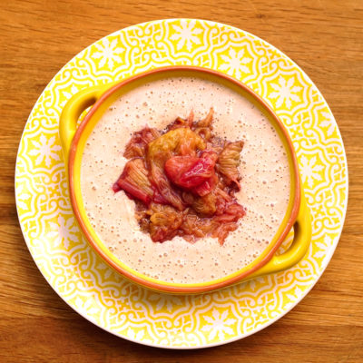 Vegan rhubarb and apricot kernel pudding