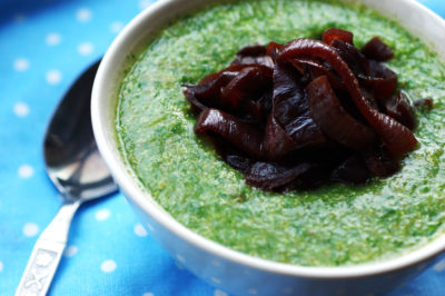 Watercress quinoa soup with balsamic onions
