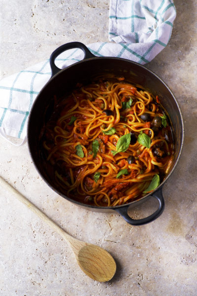 One-pot linguine with olives, capers and sun-dried tomatoes