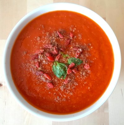Vegan red pepper goji tomato soup