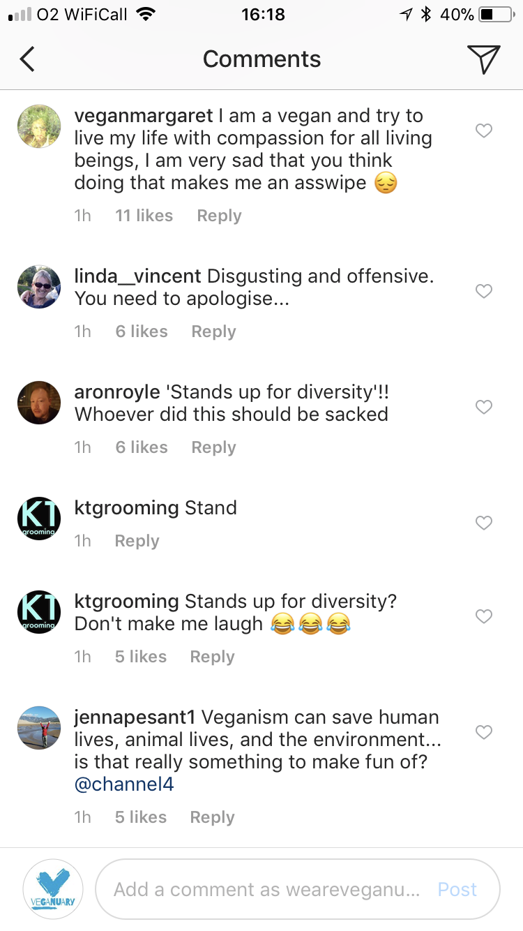 vegans respond to channel 4 on instagram