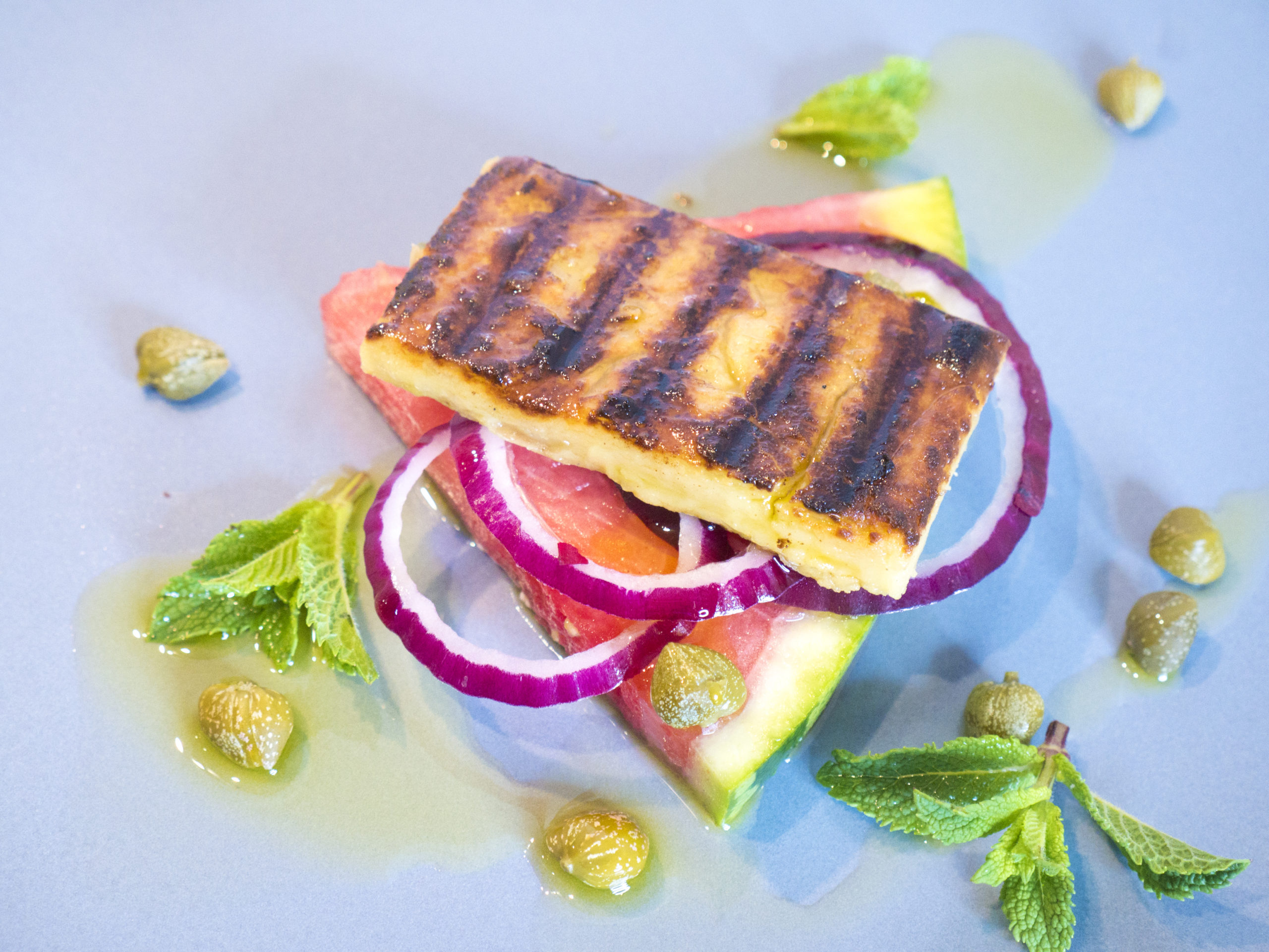 Vegan Grilled Feta on Summery Watermelon and Caper Salad | Veganuary