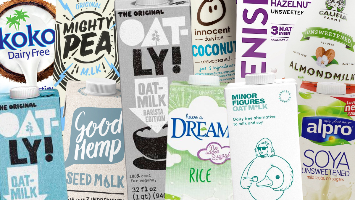 A collage of popular plant milks. Which is the best vegan milk for tea?