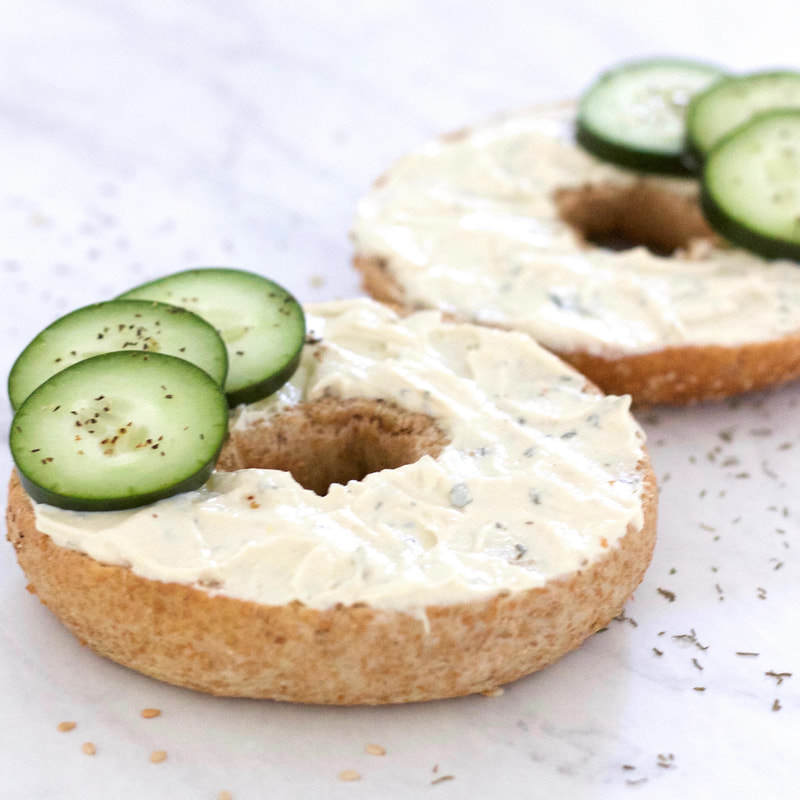 A vegan cream cheese and cucumber bagel is perfect for packed lunches