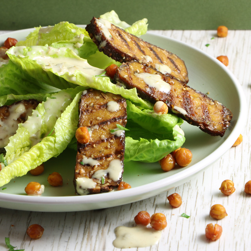 Smoky vegan caesar salad with chickpea croutons