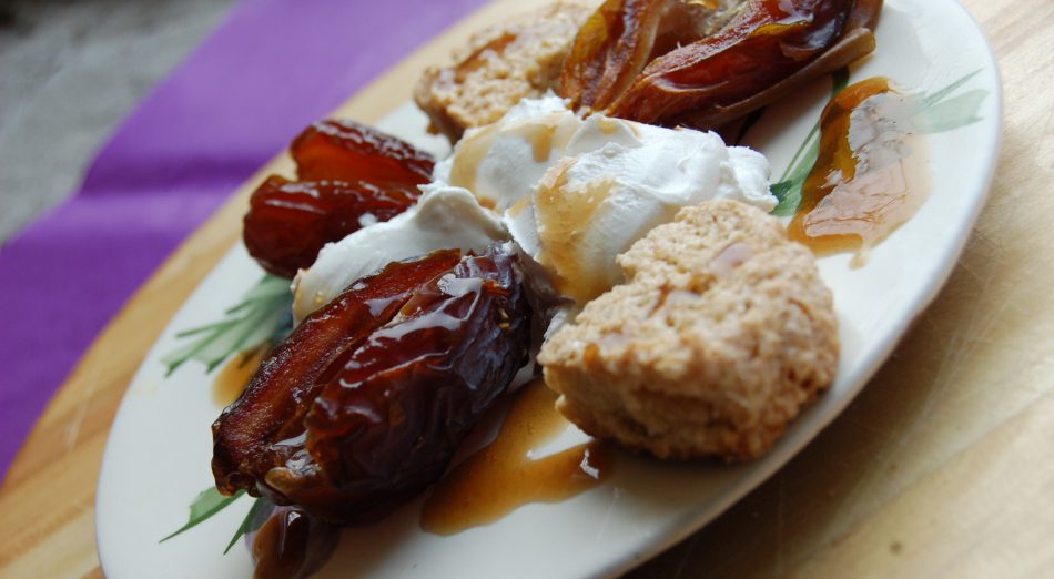 Medjoule Dates with Cream Cheese and Sherry Vanilla Sauce and Biscotti Medjoule Dates with Cream Cheese and Sherry Vanilla Sauce and Biscotti