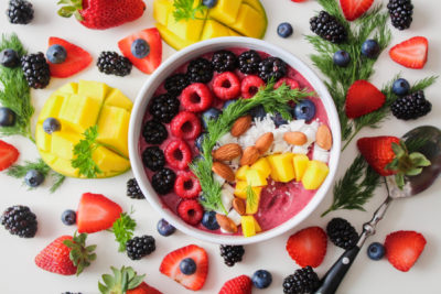 Buddha bowl with an array of fruits and vetables