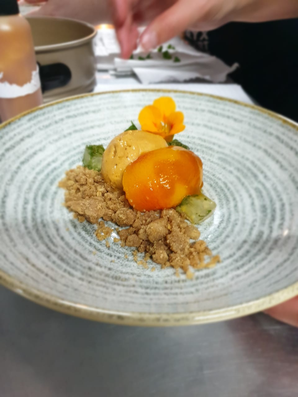 Basil poached peach, with vegan banana, rooibos & pumpkin ice cream