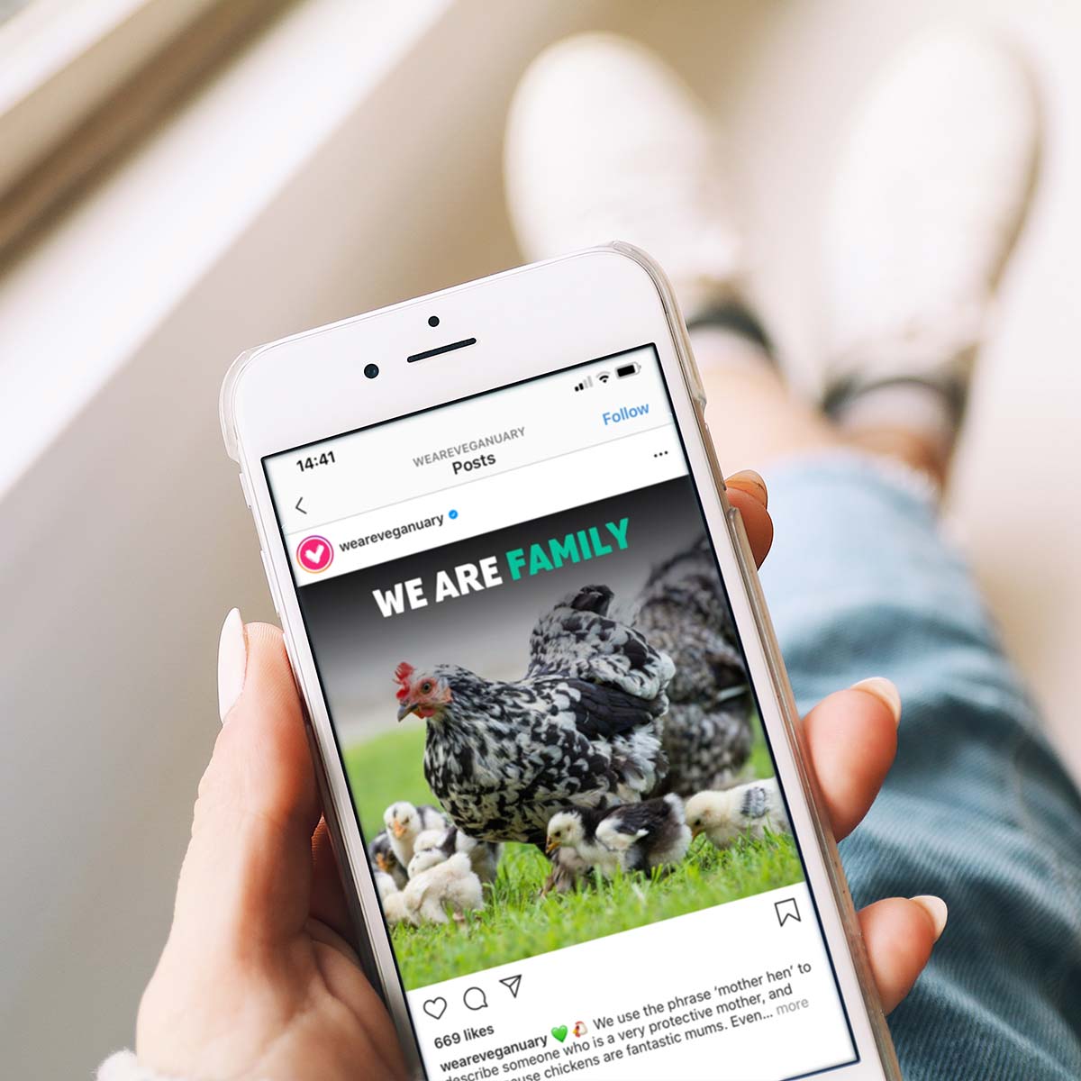 An unidentified person holding an iPhone displaying the Veganuary Instagram page