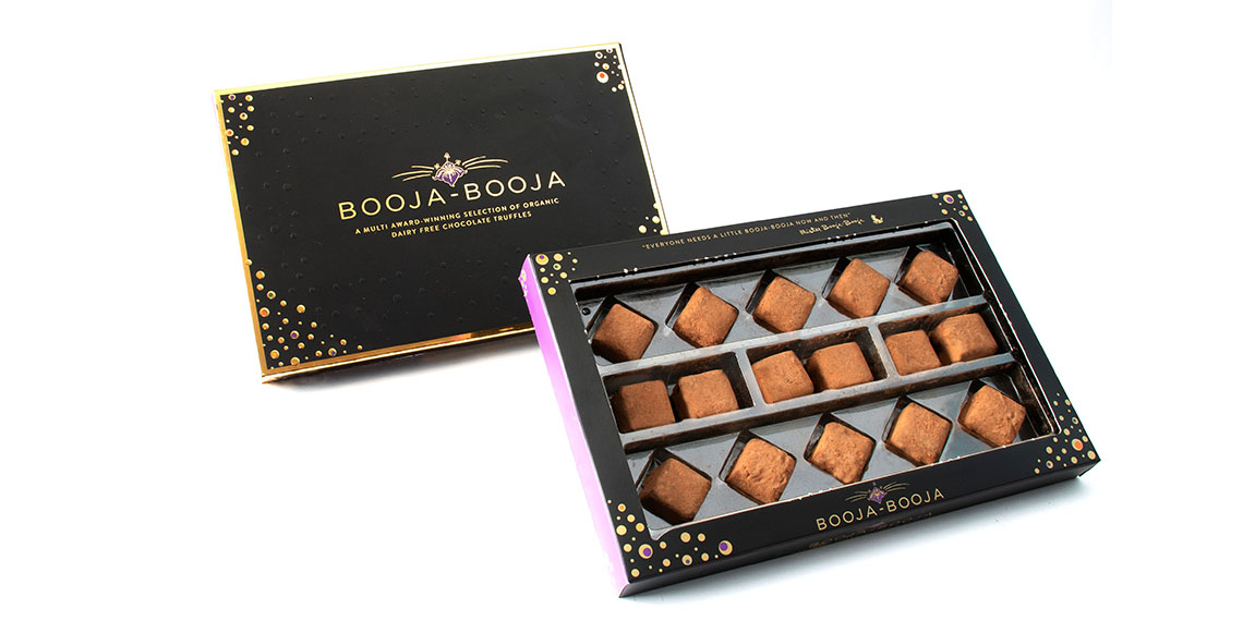 A tray of Booja-Booja vegan chocolate