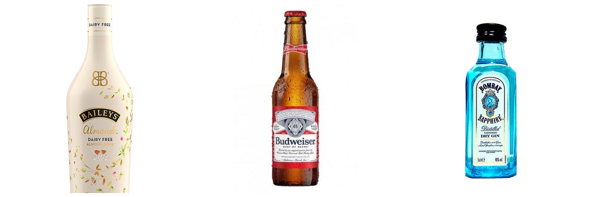 Baileys, Budweiser and Bombay Sapphire vegan alcohol gifts