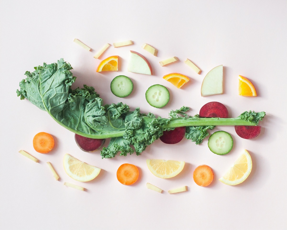 A flatlay of colourful fruits and vegetables. 