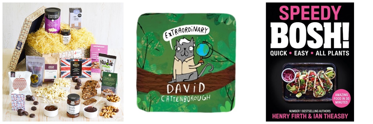Gourmet British Vegan Hamper, David Cattenborough coaster and BOSH cookbook.