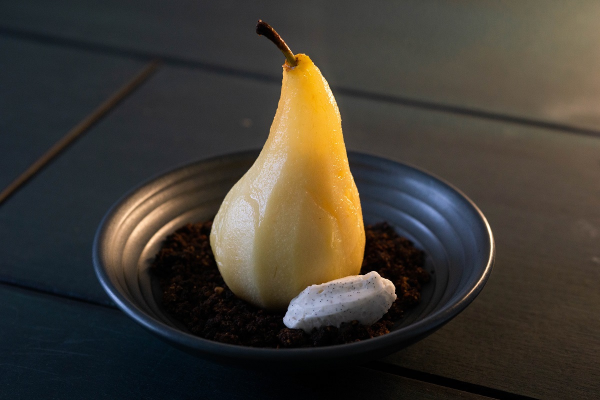 Amaretto Poached Pear by The Chef School student Molly Collinson