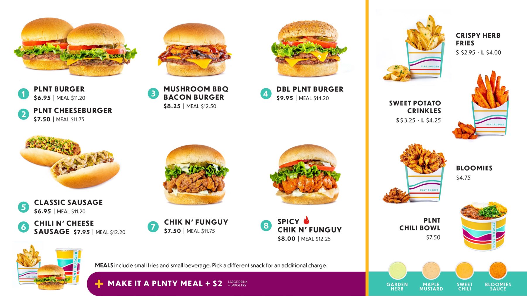 Image of PLNT Burger's menu, including burgers, sausages, chick'n sandwiches, and sides