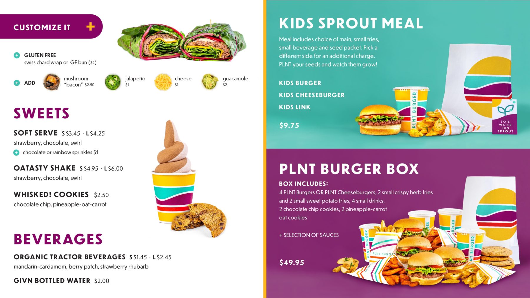 Image of PLNT Burger's Menu, including Sweets, Beverages, Kid's Meal, and PLNT Burger Box