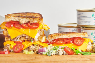 Grilled vegan tuna melt with tomato and melted cheese
