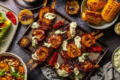 Oumph! Kebab Skewers with Grilled Peaches and Vegan Tzatziki