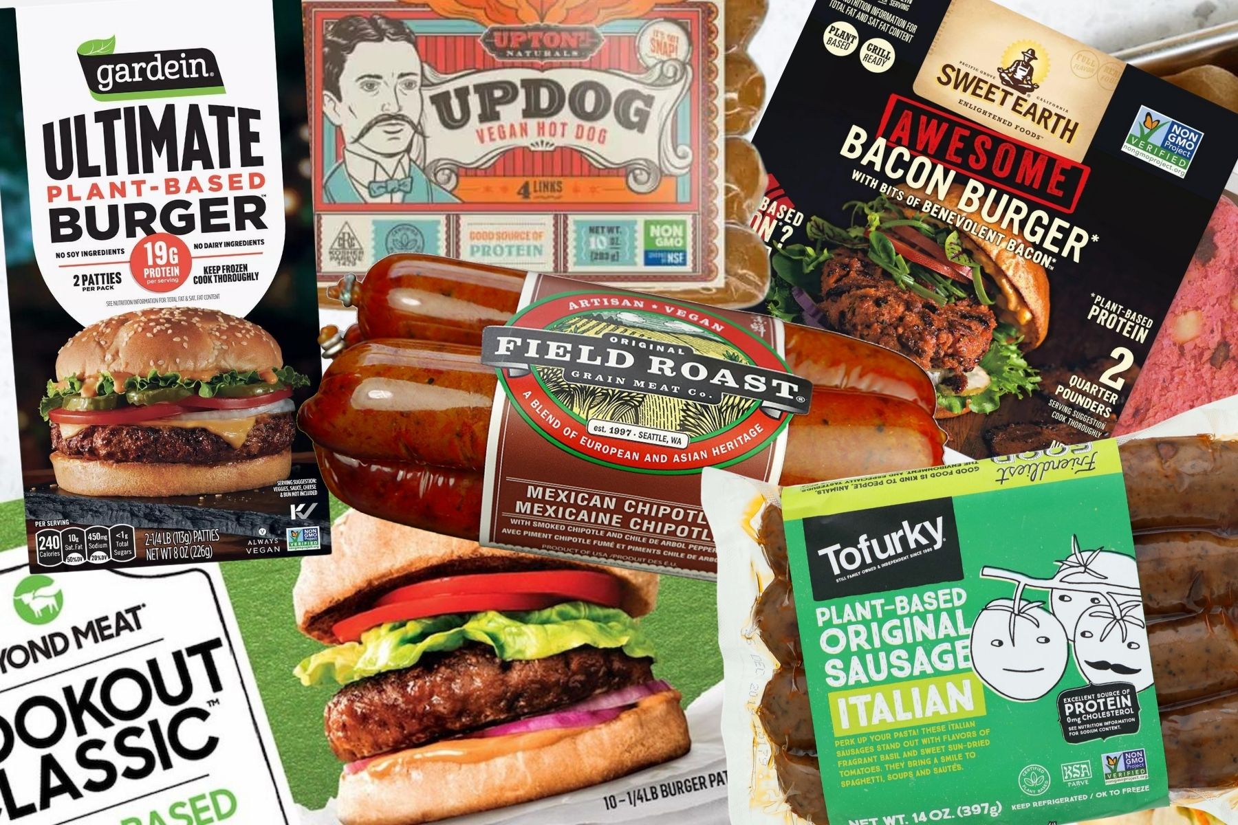 An assortment of vegan burgers and sausages in packaging