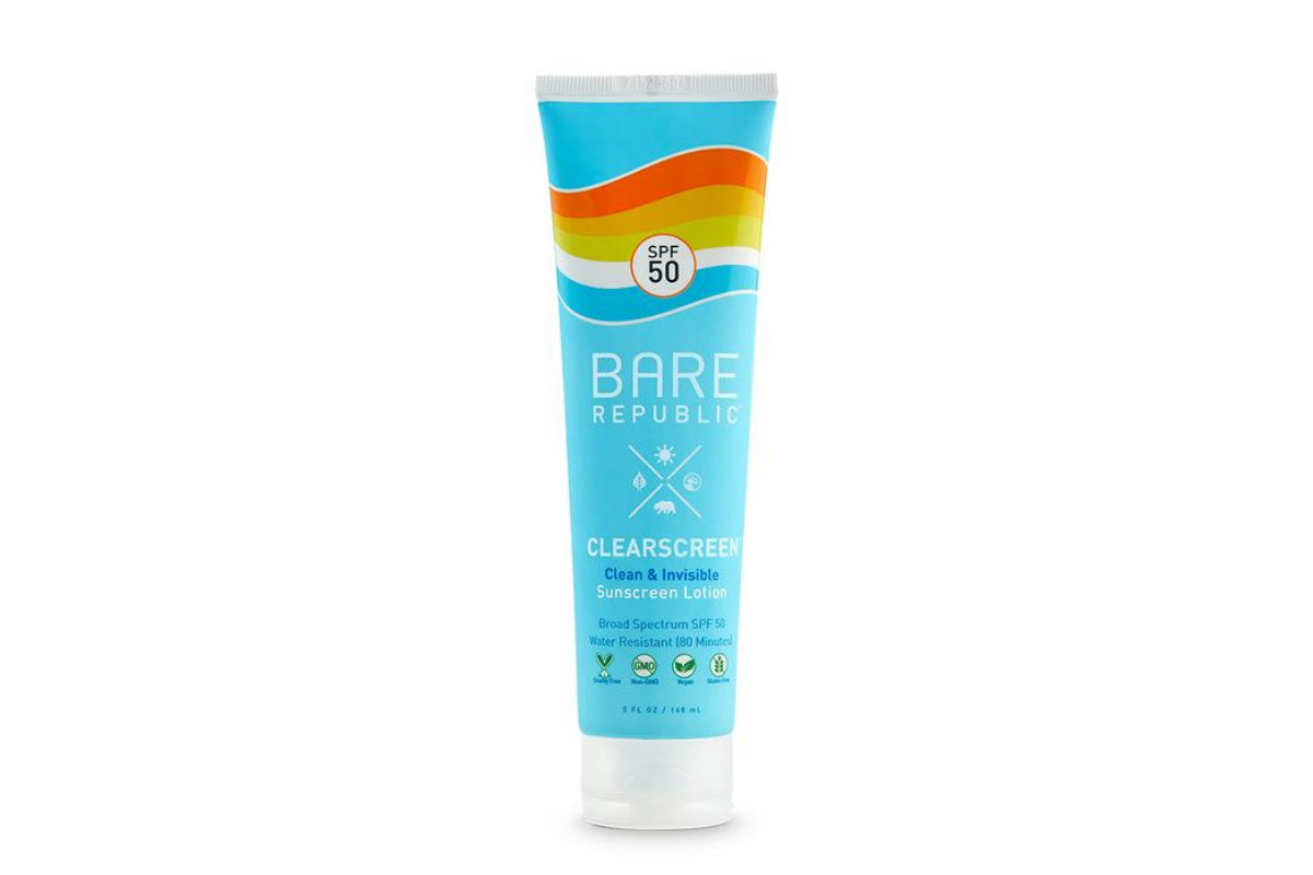Blue Bare Republic Clearscreen SPF 50 Sunscreen tube on white background 