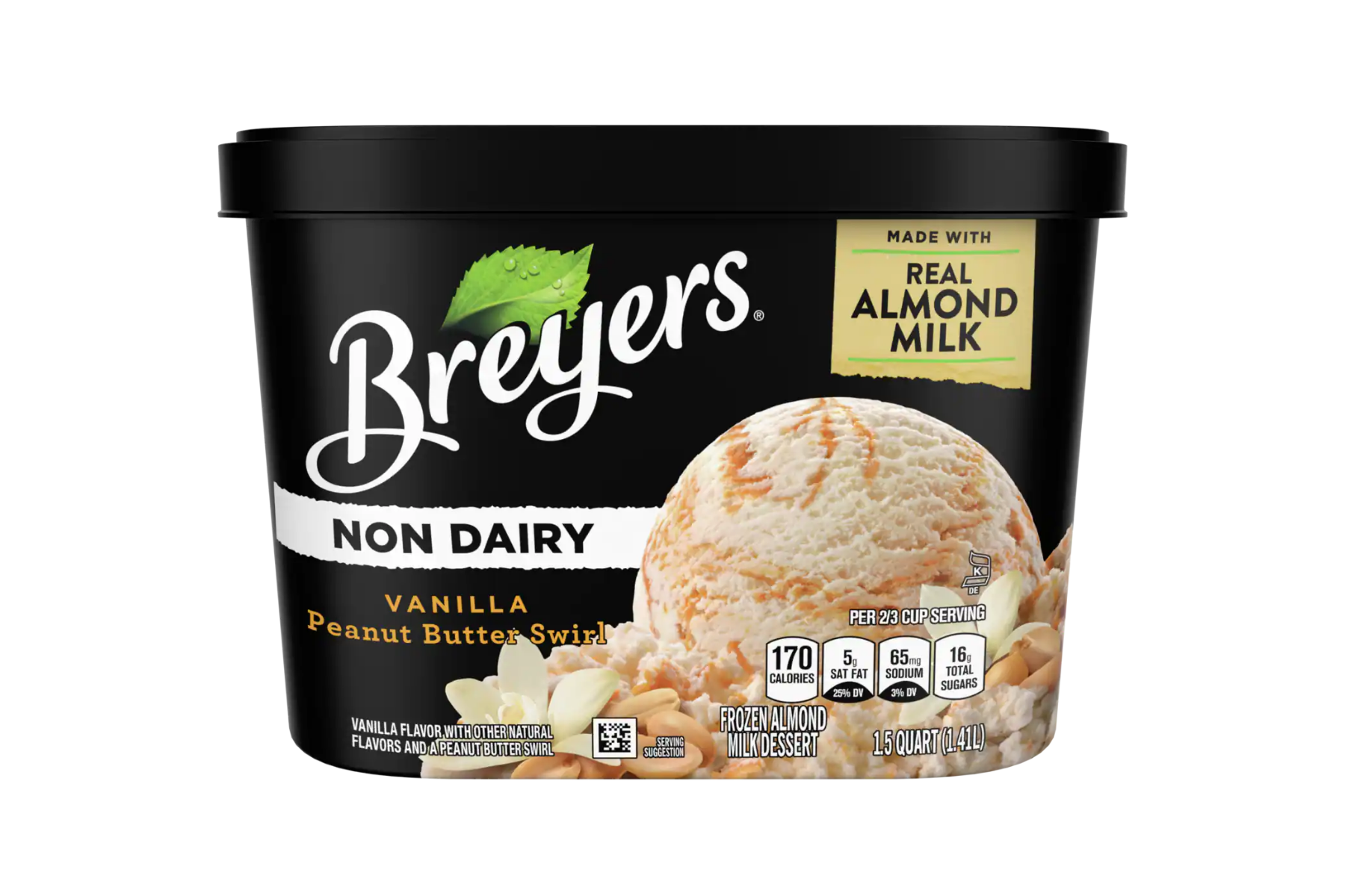 A carton of Breyers Non-Dairy Vanilla Peanut Butter Swirl ice cream made with real almond milk