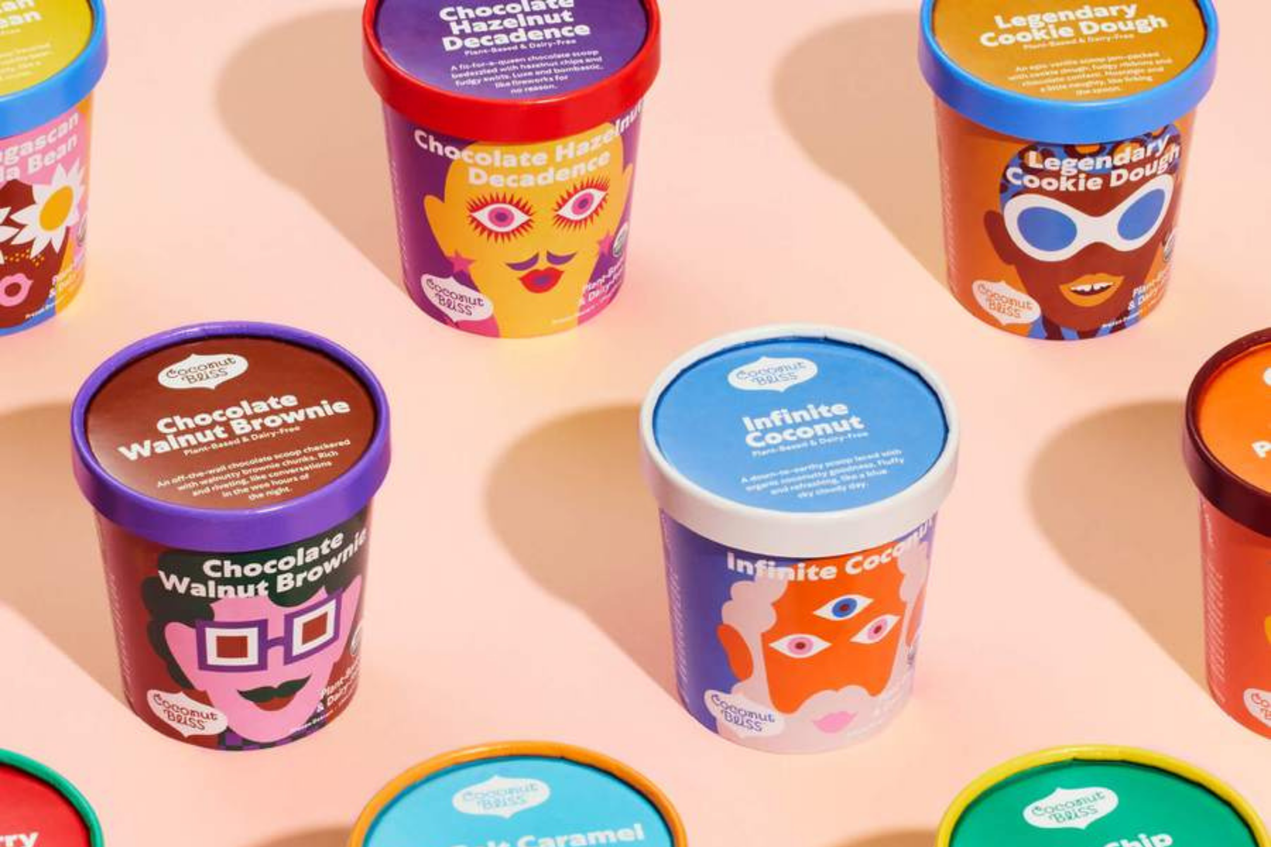 A variety of brightly colored Coconut Bliss ice cream pints