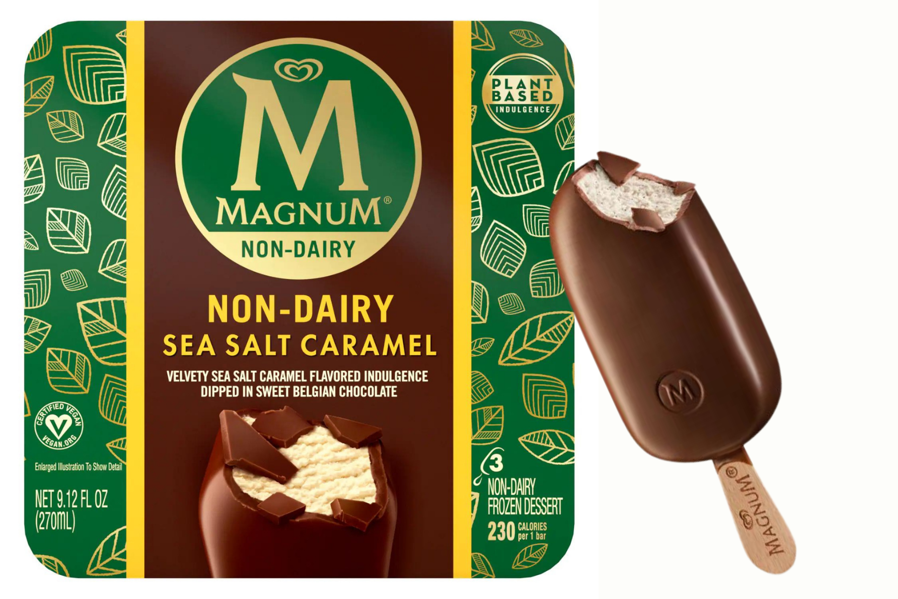 A vegan chocolate covered sea salt caramel ice cream bar leans on a box of Magnum Non-Dairy Sea Salt Caramel ice cream bars