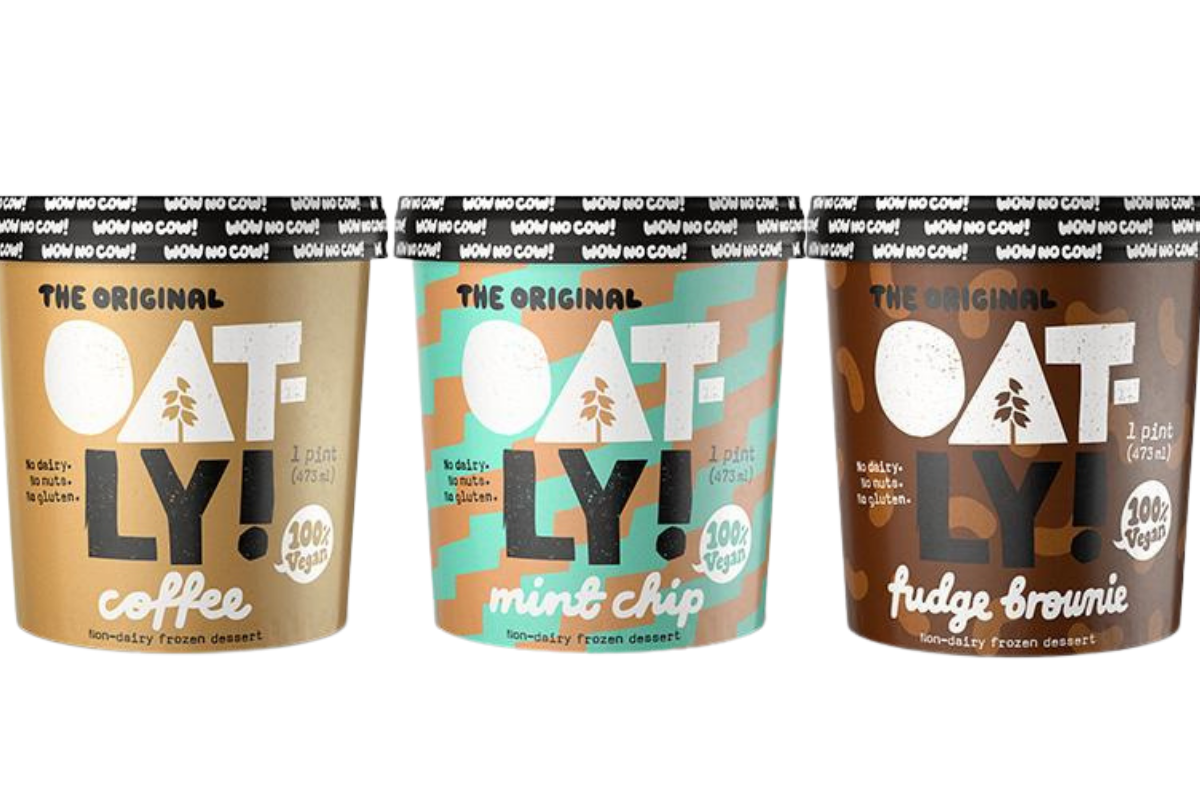 Pints of Oatly vegan ice cream in flavors coffee, mint chip, and fudge brownie