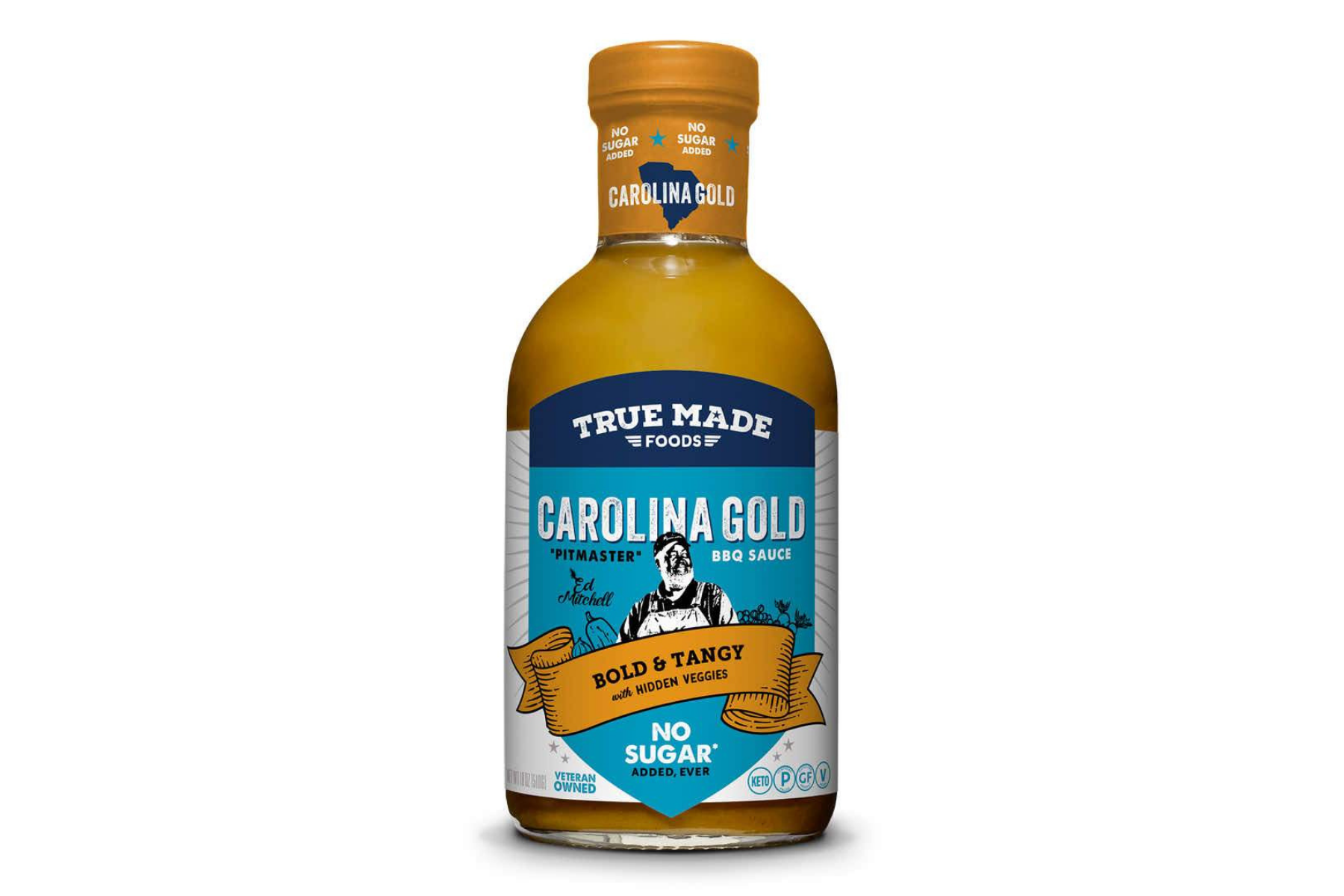 Bottle of True Made Foods Carolina Gold vegan BBQ sauce