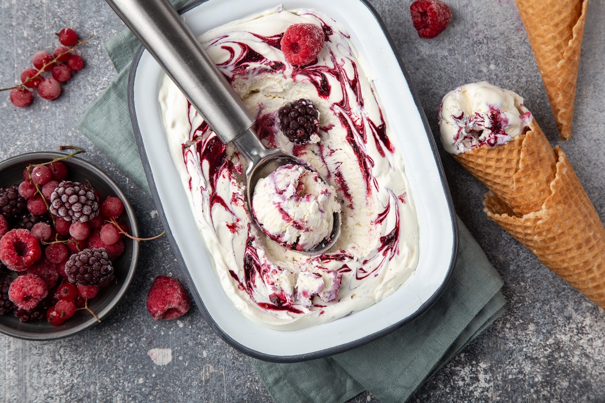 vanilla and berry vegan ice cream, top view