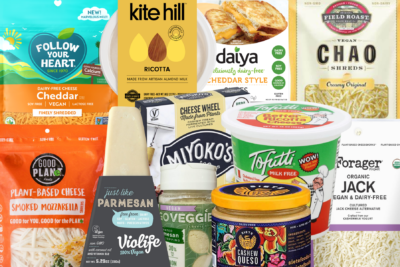 Image shows a collage of vegan, non-dairy plant-based cheeses