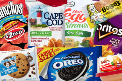 photos of vegan gas station snacks including OREOs, Munchos, Cape Cod chips and Sabra hummus