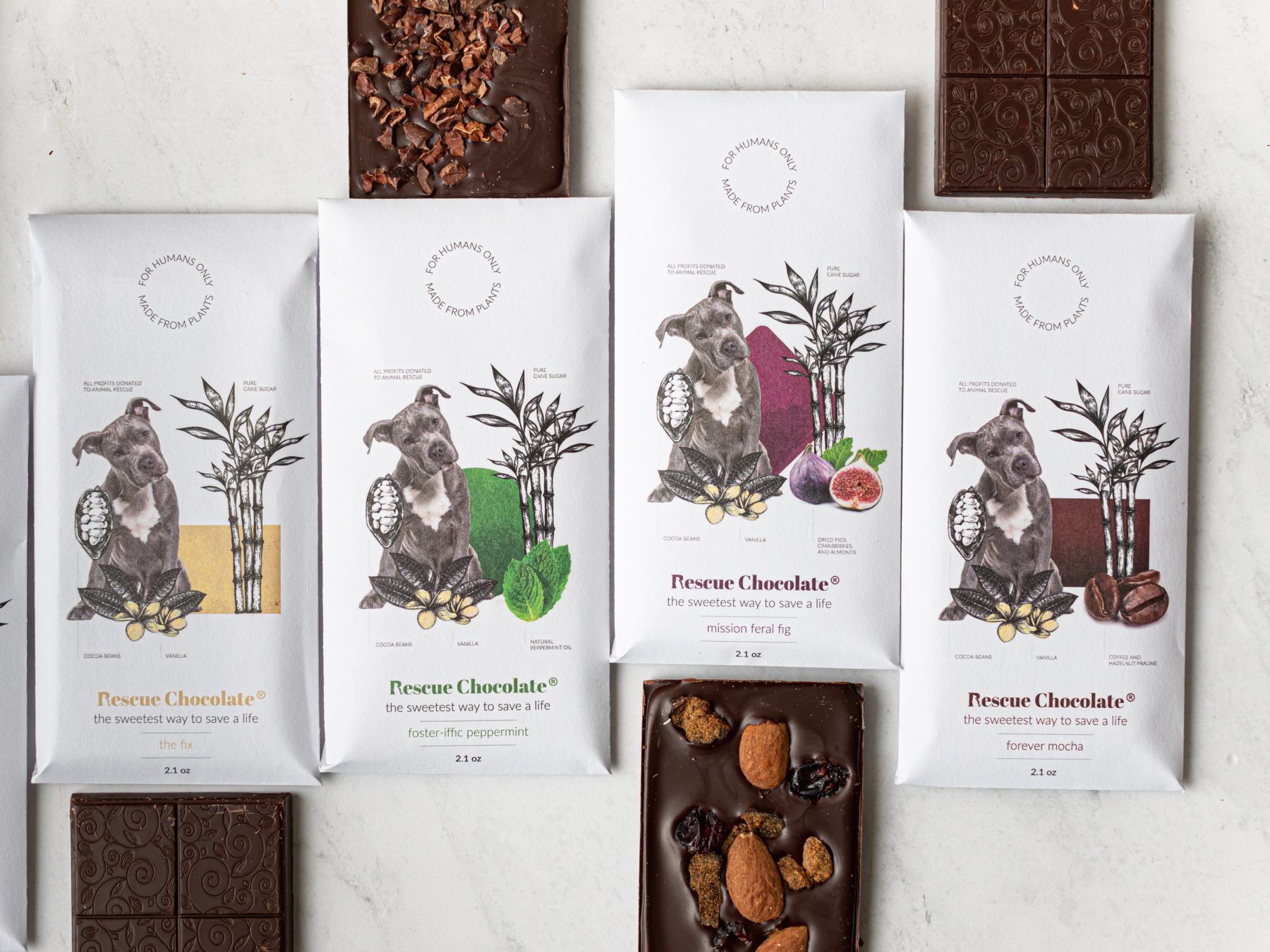 Various vegan Rescue Chocolate bars with an adorable pit-bull on the packaging 