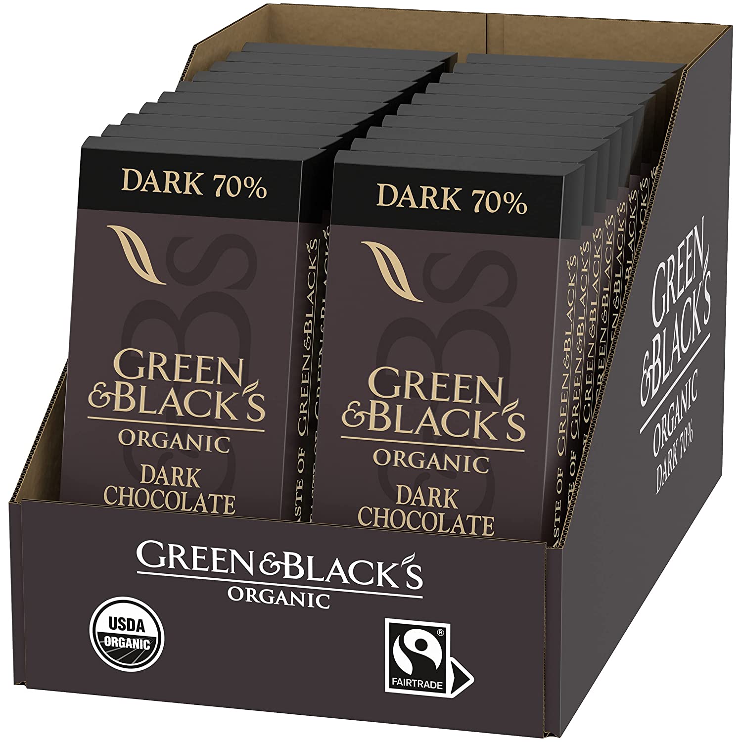 A display of vegan Green & Black's vegan dark chocolate bars