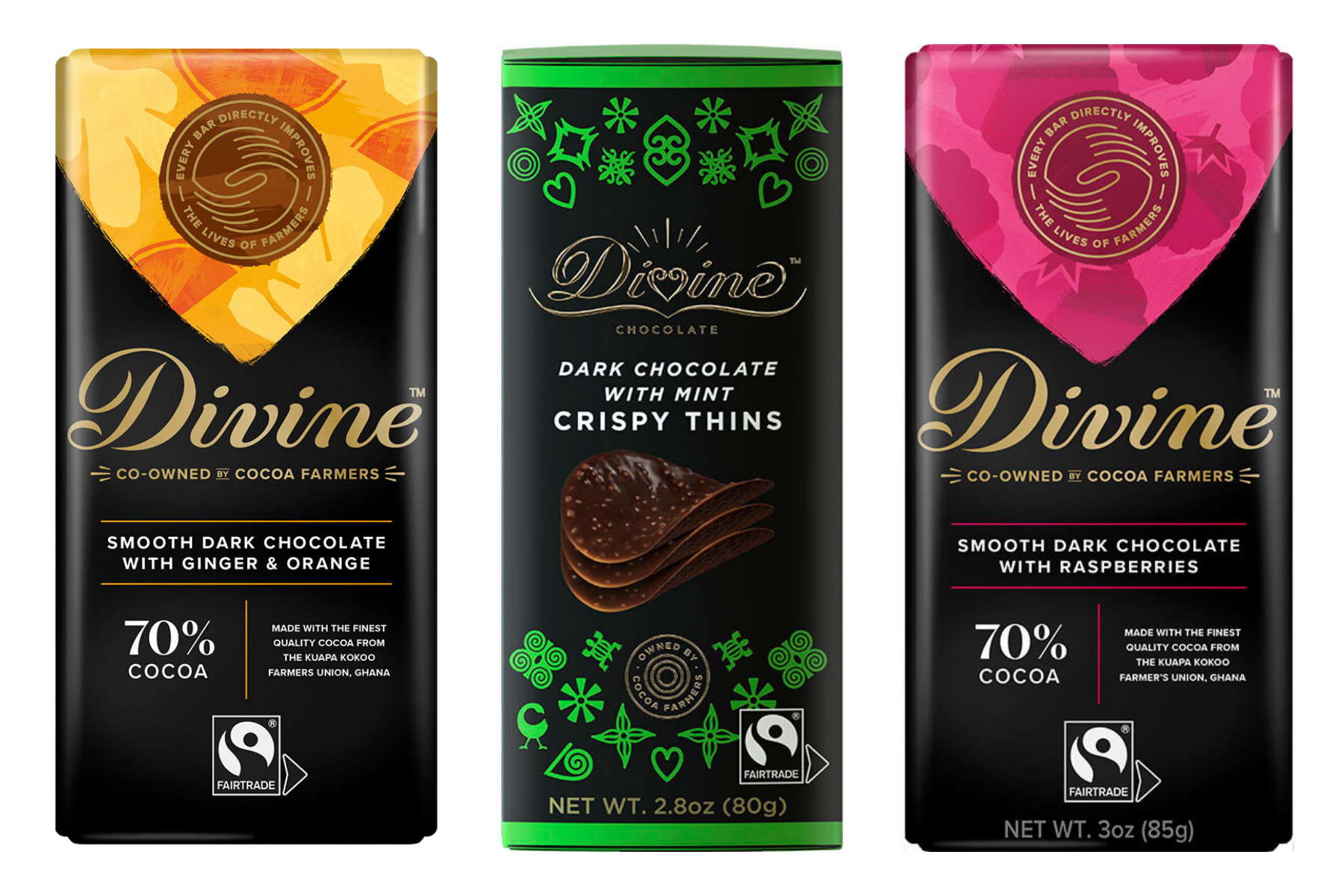 Three vegan Divine Chocolate bars