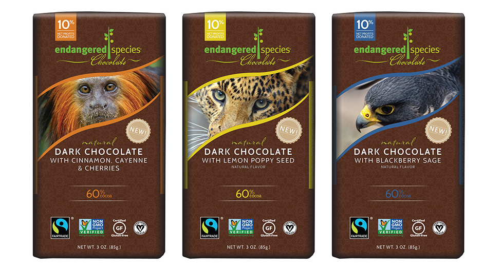 Three vegan Endangered Species vegan chocolate bars