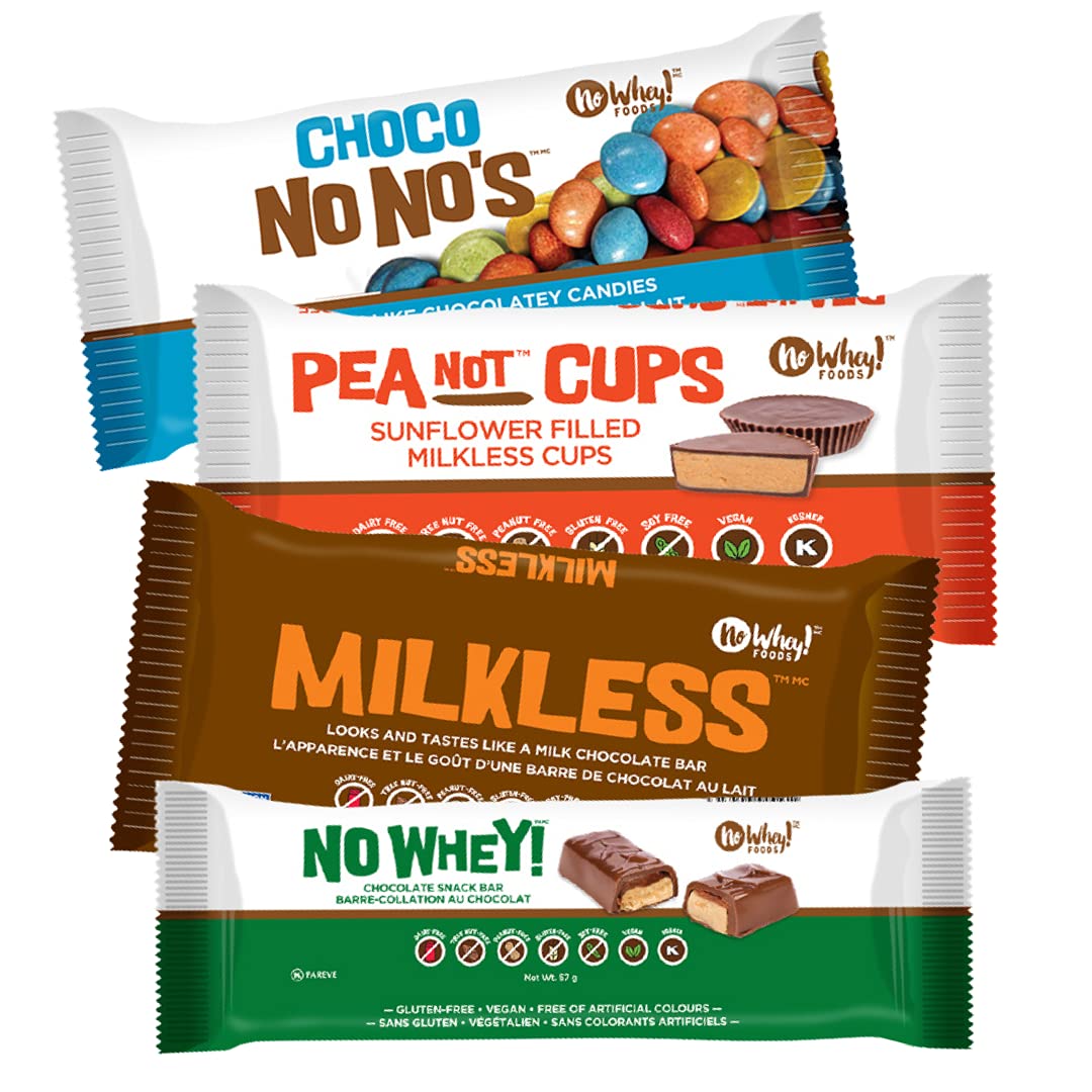 A variety of vegan chocolate bars, peanut butter cups, and chocolate candies by No Whey Foods.