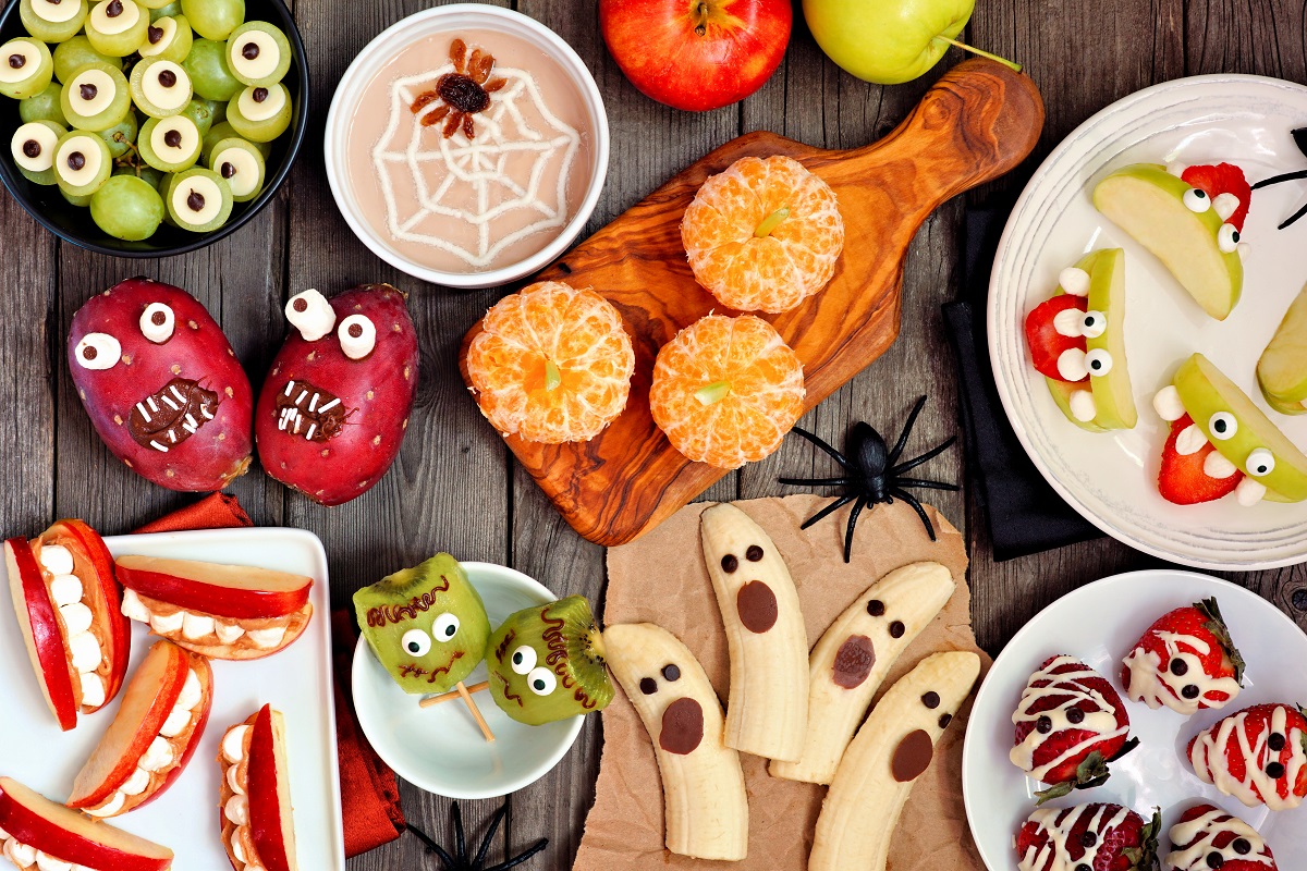 Healthy Halloween fruit snacks. Selection of fun, spooky treats