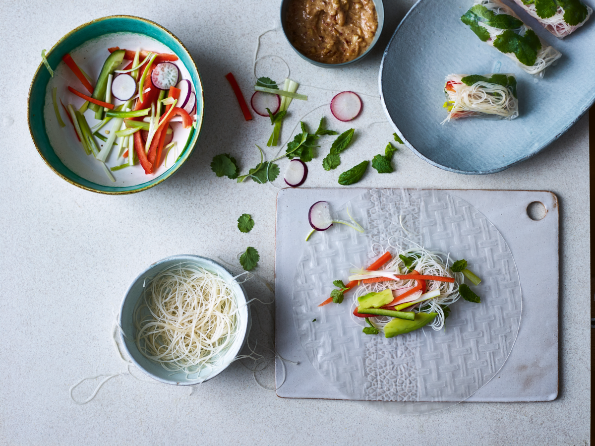 Rainbow Veg Rolls with Peanut Sauce | Vegan Summer Rolls