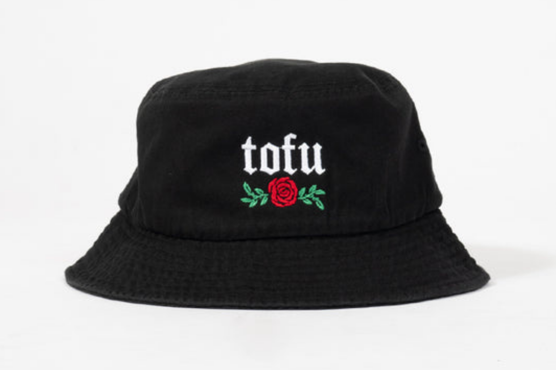 BeetxBeet black bucket hat that says "tofu" with a rose embroidered below it 