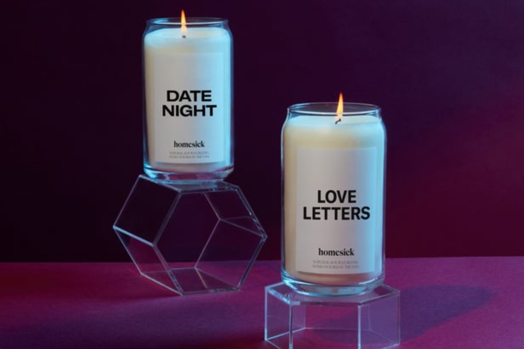 Homesick vegan candles in scents date night and love letters