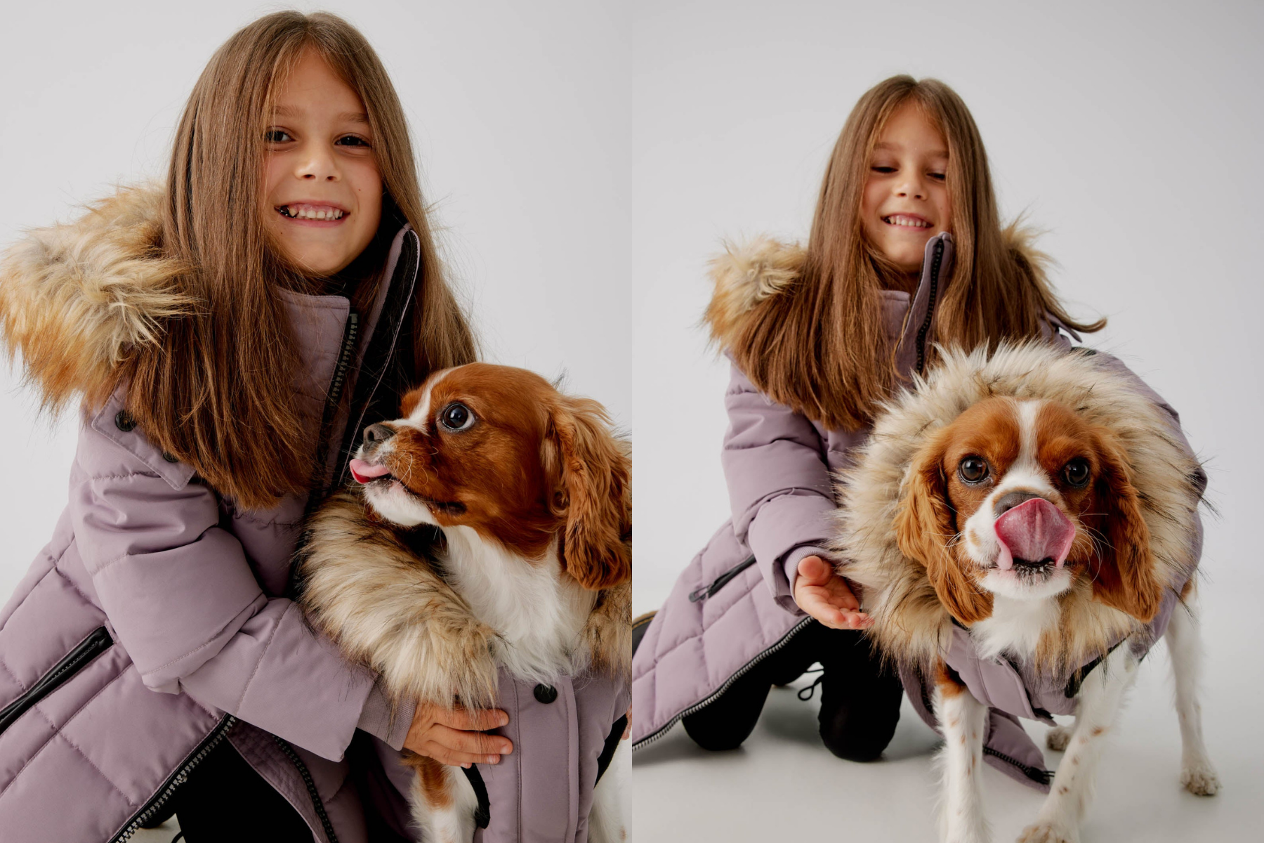 A child and dog model purple vegan and cruelty-free coats by Noize