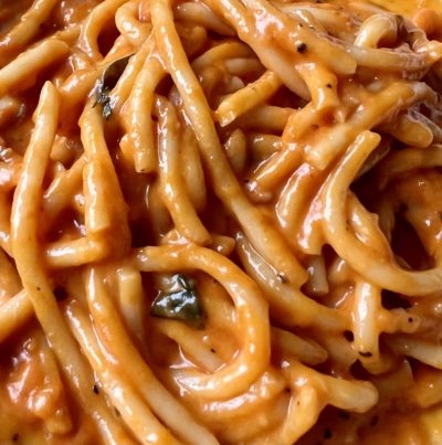 A close-up of GOOD PLANeT's quick and cheesy spaghetti