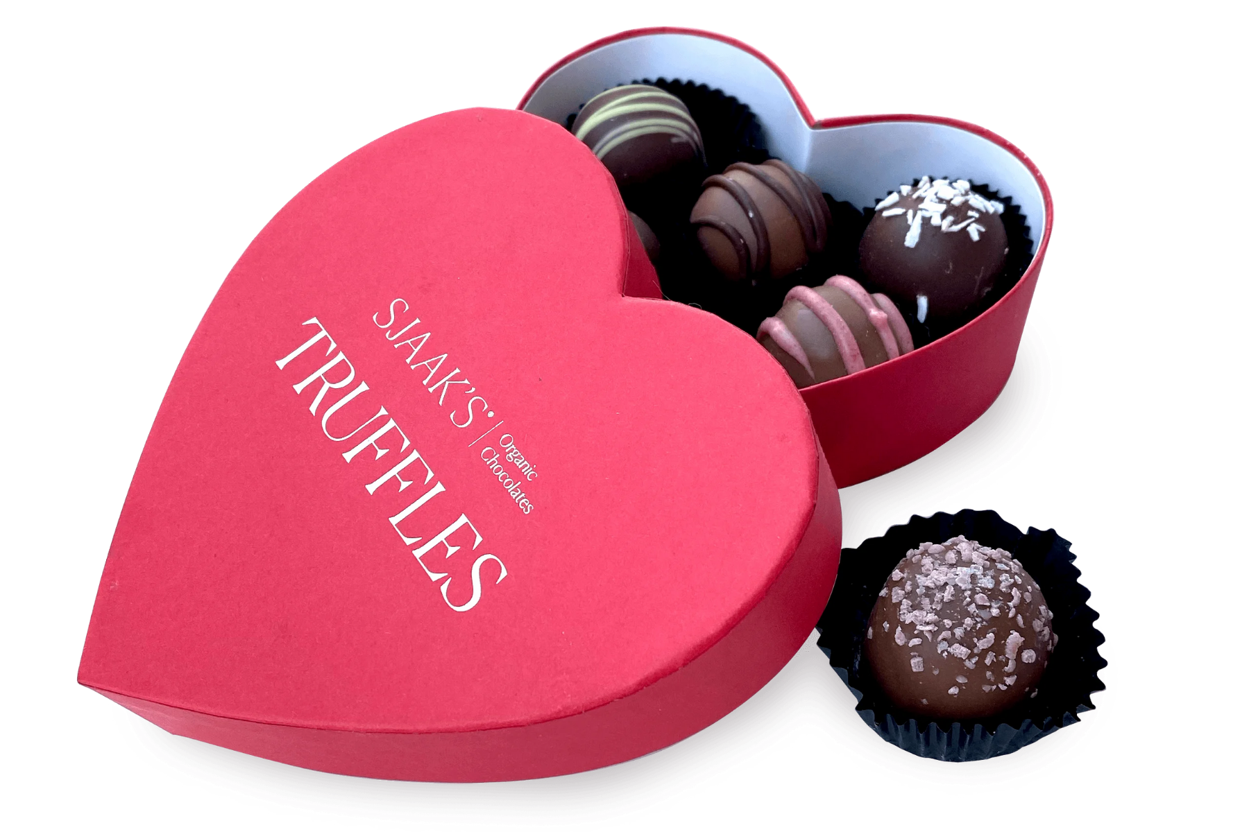 a heart-shaped box of Sjaak's vegan chocolate truffles